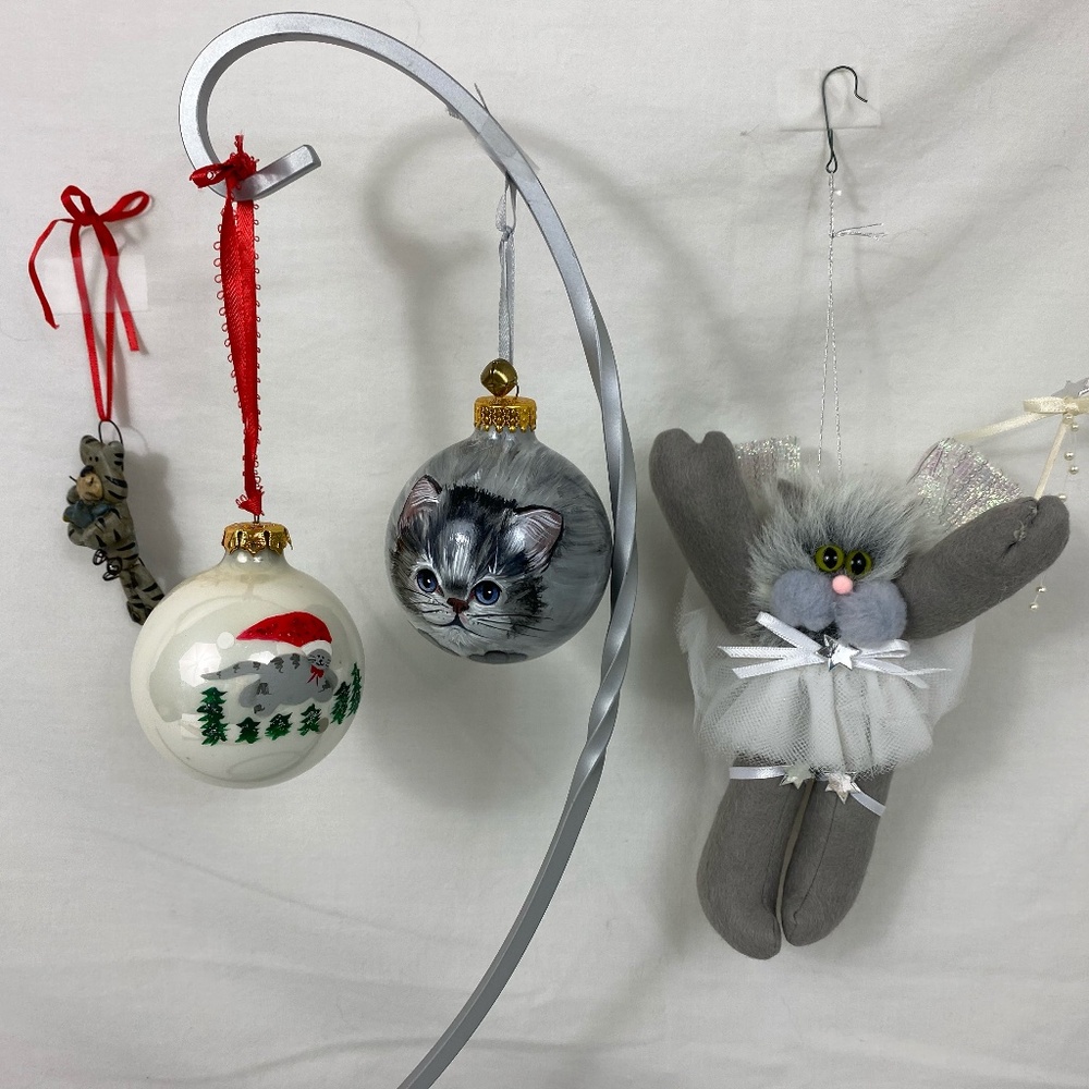 Gray Cat Ornament Lot of 4. Hand made, Hand painted. Angel Cat, Glass Balls